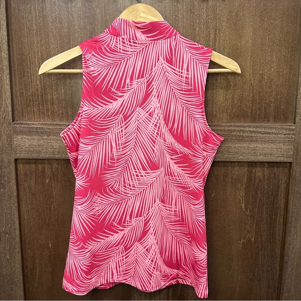 Tommy Bahama Active Pink Palm-Print Sleeveless Zip Mock Neck Tank - Picture 2 of 5